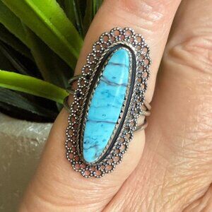 Vintage Turquoise Beau Sterling Silver Filigree Cabochon Bezel Ring Size 5 Adjus